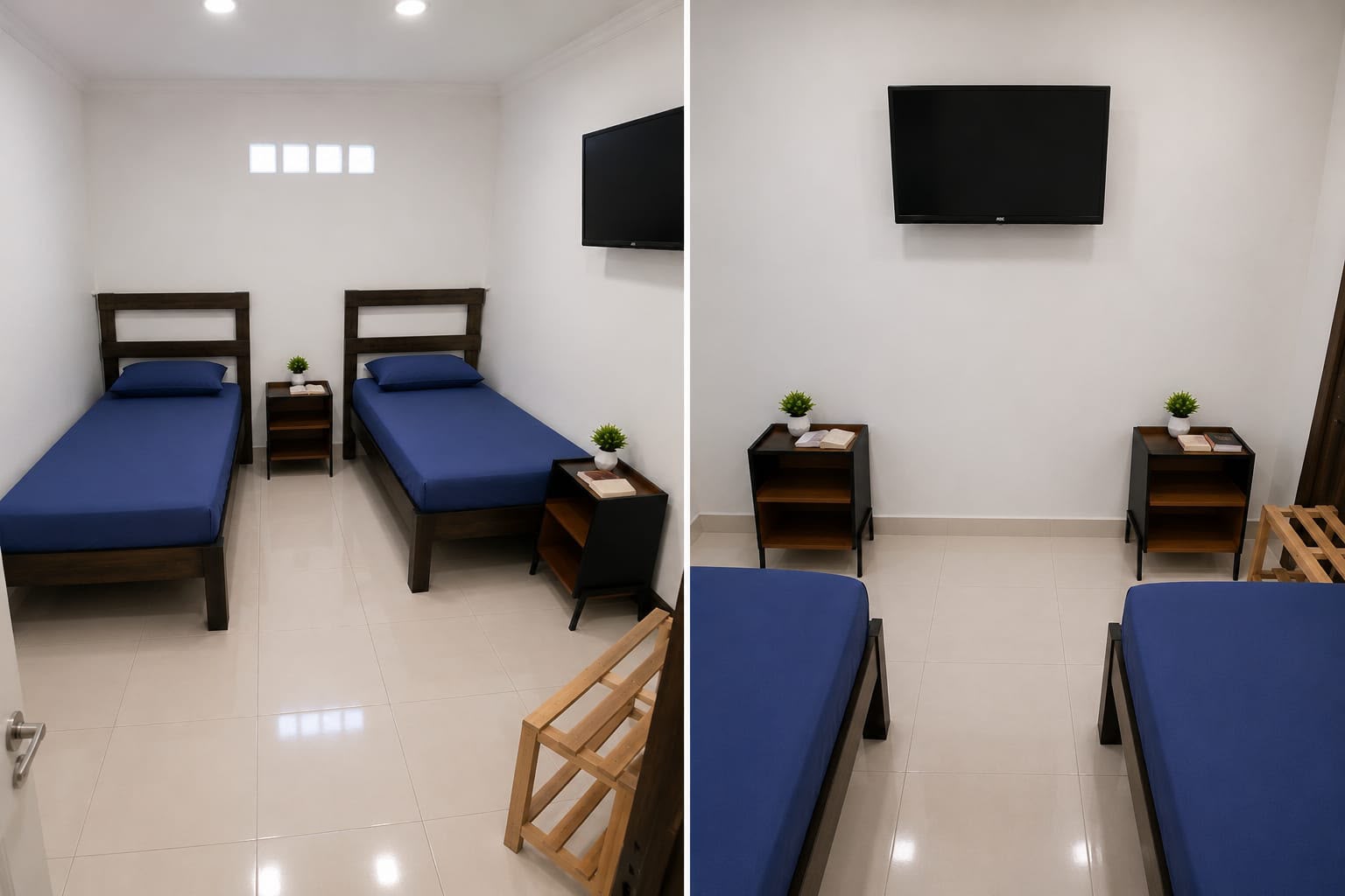 Quarto duplo com duas camas, criados-mudos e TV